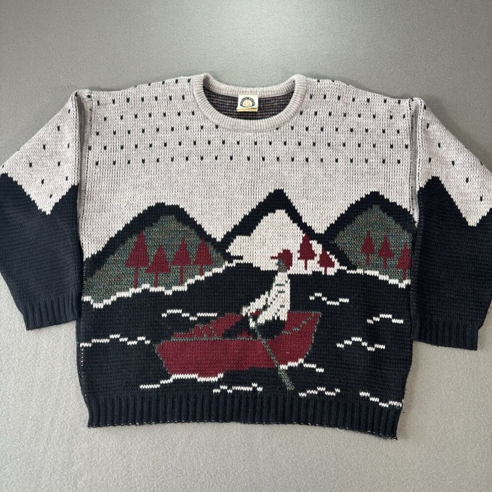 VTG‎ Graphic Knit Sweater Mens L Boat Scenic 80s 90s Cozy Pullover Outdoor Retro